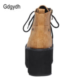 2021 New Spring Platform Boots Woman Chunky Heel Punk Gothic Boots Lace Black Brown Ankle Boots Women Comfortable