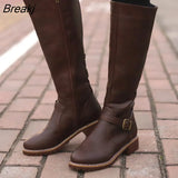 Women's Knee High Boots Fashion Low Heels Square Platform Long Boots Brown Black Leather PU Zip Winter Woman Warm Shoes