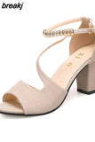 summer sexy fish mouth hollow Roman sandals thick with word with beaded high heels female summer Sexy female