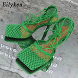 Sexy Green Mesh Pumps Sandals Female Square Toe high heel Lace Up Cross-tied Stiletto hollow Dress shoes size