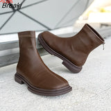 Women's Boots 2023 New Leather British Style Brown Short Boots Flat Soled Plush Elastic Boots Cowhide Thin Boots Demonia