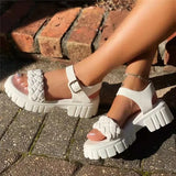 Elegant Women Leather Sandals 2022 New Summer Diamond Lattice Sandals Casual Flat Bottom Platform Sandals Women