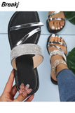 2023 New Women Gold Silver Flats Slip-On Sandals Bling Rhinestone Narrow Band Slippers Outdoor Beach Shoes Casual
