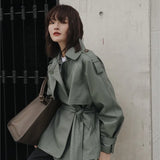 Spring Autumn 2021 Women New Casual Lapel Pu Jacket Coat Simplicity Loose Leather Jacket with Belt Office