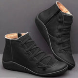 2022 New Women's Casual Flat Leather Retro Lace-up Boots Side Zipper Round Toe Shoe Leather Ankle Boots Zapatos Mujer Wram