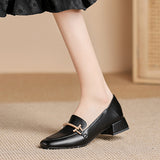 Luxury Metal Buckle Pumps Women Low High Heels Square Toe Shoes Ladies Solid Leather Mary Janes Femme Office Dress