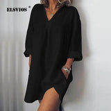 Plus size Pocket Half Sleeve Cotton Linen Dress Women 2019 Summer sexy V-neck split Mini Dresses Femme beach style Dress
