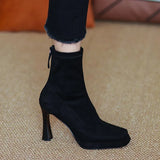 Breakj New 2024 Autumn And Winter Female Frosted Elastic High Heel Thick Heel Square Head Waterproof Platform Package Leg Thin Boots Ankle Boots High