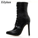 Snakeskin grain Ankle Boots For Women High heels Fashion Pointed toe Ladies Sexy shoes 2022 New Lace-Up Boots Size