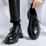 Breakj Vintage Round Head Cloth Block Carved Men's Fashion Business Casual Leather Shoes Increased Thick Bottom