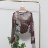 Sunscreen Not Sultry Hot Tie Dye Net Yarn Long-Sleeved T-Shirt Drawstring Tethered With Short-Sized T-Shirt Horn Sleeve Top
