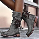 Shoes Retro Female Pu Leather Rivet Block Lace Up Motorcycle Boots Low Heel Mid Calf Boots Plus Size