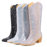 Breakj New Pointed Thick Heel High Boots Women's Plus Size Fashion Hot Drill Sleeve Women's