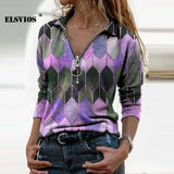 Slim Fashion Women Autumn Geometric Print V Neck T-shirts Casual Long Sleeves Zipper Pullover Elegant Streetwear Female
