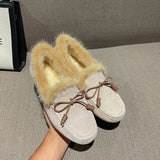 Bowtie Fur Mocasines Women Mink Hair Boots Winter Plush Warm Flats Genuine Leather Loafers Femmes Shearling Cotton