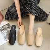 Female 2023 New Women's Shoes Summer Korean Version Square Head Baotou Half Drag Women's Flat Bottom 43 Large Size Cool Slippers