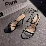 Summer New High-Heeled Sandals Women's Round Head Tied With Thin Heels And Large Size Ladies