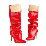 Breakj New High Heel Pointed Metal Rivet Jeans Splicing Two Wear Pile And Knee Boots Large Size Women's