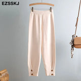 Elastic Waist BUTTON Trousers Thick Knitted Harem Pants Autumn Winter Sport pants sweater Knitted Carrot