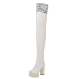 Sexy Lace Thigh High Boots For Plus Size Women Platform Shoes Over The Knee Boots Stretch Fabric Black Leather Winter