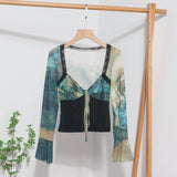 2023 Spring Dress French Court Style Lace With Lace Stitched Print Horn Long-Sleeved T-Shirt