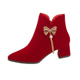 Breakj New Bow Water Diamond String Beads Wedding Shoes Korean Version Tassel Thick Heel Comfortable Bride Boots Wine Red Fashion