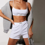 Ribber Women Set White Spaghetti Strap Crop Top And Mini Biker Shorts Embroidery Two Piece Sets Sexy Outfit