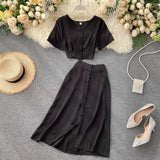 New Summer Women Casual V Neck Single Breasted Crop Tops High Waist A-line Solid Color Skirt Two Piece