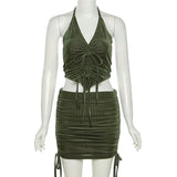 Lace Up Cropped Top Two Pieces Sets Drawstring Sleeveless Waist Top And Beachwear Sexy Velvet Suits With Skirts