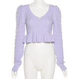Knit Crop Sweater V Neck For Women Ruffles Long Sleeve Waist Korean Fashion Slim Pullover Diamond Warm Jumper