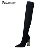 Brand women boots Elegant high heels Thigh high boots Autumn Winter Bling Knitting stretch Slim Over the knee boots