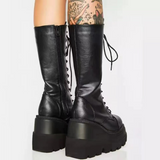 Boots Women Platform Shoes Booties Rain Combat Military Short Leather Black New Rock Punk Goth Lolita Clearance