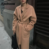 Lady Solid Long Wool Coat Batwing Long Sleeve Elegant Office Jacket Female Turn Down Collar Casual Coat Women