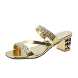Breakj Women Summer Fashion Rhinestone Slipper Sexy Hollow Out Chunky High Heels Sandals Crystal Party Shoes Woman Flip