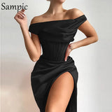 Sexy Women Fashion Party Club Red Long Split Wrap Stain Dress 2020 Black Off Shoulder Sleeveless Bodycon Corset