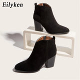 2022 Autumn Faux Suede Ankle Boots Women High Heel Side zipper High top Stacked Block Heel Short Western Cowboy