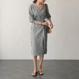 Vintage Check Dress Women's Summer Sundress ZANZEA 2022 Casual V Neck Robe Female Short Sleeve Mid-Calf