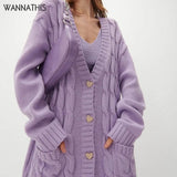 Women Striped Jacquard Cardigans Sweater Autumn 2021 Oversize Loose Streetwear Korean Fashion Button Pockets
