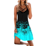 New Women Halter Mini Dress Sexy Sleeveless Beach Dress Ladies Cross O Neck Sundress Vacation Floral Print Clothes