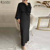 2022 ZANZEA Elegant Lace Up Muslim Dress Women Long Sleeve Maxi Solid Sundress Robe Femme Female Marocain Turkish Vestidos