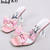 PVC Transparent Slippers For Women 2023 Fashion Pearl Butterfly-Knot Summer Sandal Clear High Heels Big Size 46 Shoes