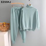 2 Pieces Set Women Knitted Tracksuit Turtleneck Sweater + Carrot Jogging Pants Pullover Sweater Set CHIC Knitted
