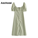 Summer Solid Color Elegant A Line Dress Women Puff Short Sleeve Midi Female Square Collar Sundress Vestidos