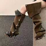 Breakj New High Heel Pointed Metal Rivet Jeans Splicing Two Wear Pile And Knee Boots Large Size Women's