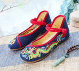 Breakj Dragon] Retro Embroidery Dragon Grain Shallow Mouth Plate Buckle Low Heel Canvas Embroidered Cloth Shoes Women's Single