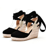 Breakj Round Head Water Table Slope Sandals Roman Strap High Heel Sandals Hollow Summer Grass Table Sandals