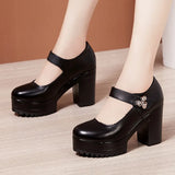 Cowhide Thick-Heeled High-Heeled Walking Shoes Waterproof Platform Thick-Soled Leather Shoes Cheongsam Show Model Training
