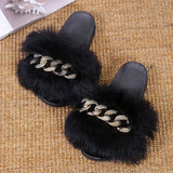 Women Slippers Furry Fluffy Flip Flops Women Sandals Gold Chain Fur Slides Ladies Slippers Plus Size Shoes