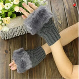Half Finger Woolen Winter Gloves Women Knitted Warm Mittens Long Imitation Rabbit Hair Lovely Fur
