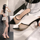 Breakj Temperament Cool Slippers Women's Summer Wear A New Fine Heel Mesh Hot Diamond Pointy Fish Mouth Exposed High